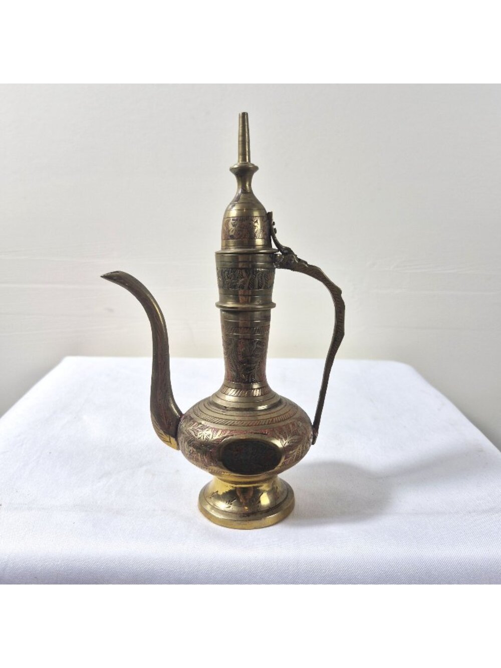 Vintage India Engraved Brass Aftaba Ewer Red Blue Enamel Pitcher 7"